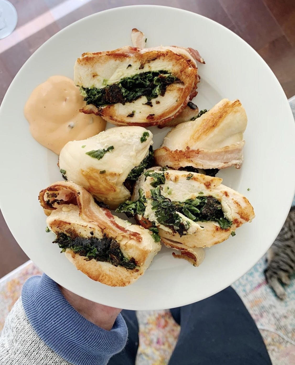 Spinach stuffed, bacon wrapped chicken